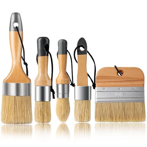 5 Pack Natural Bristle Chalk Wax Brush, Brushes for Furniture | Wooden Handles, Multi-Size Paint Brushes Apply Chalk & Milk Paint for Furniture Refinishing, Waxing, DIY Craft - size: 1 Large, 3 Small, Paddle Brush