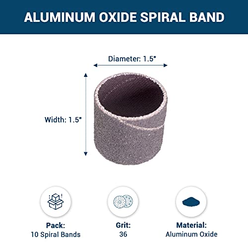 Benchmark Abrasives 1.5" x 1.5" Aluminum Oxide Abrasive Spiral Bands for Rotary Tools, Drum Sleeves for Sanding Deburring Blending Polishing on Metals Plastic Wood Rubber (10 Pack) - 36 Grit - style: 36 Grit