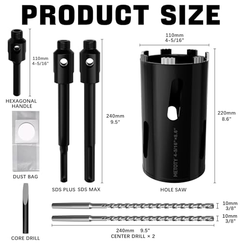 Diamond Core Drill Bit 4-5/16"(110mm) with Pilot Bit & Adapters (SDS Plus & Hex) – Upgraded Welded Segments, 8.6" Depth – for Concrete, Solid Brick, Hollow Brick, Masonry & More - size: (4-5/16"/110mm)