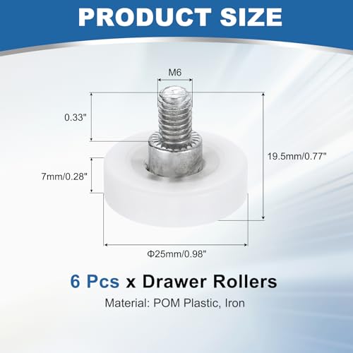 uxcell 6Pcs 25mm Drawer Rollers,M6x0.33 Thread Plastic Positioning Pulley - size: 25mm M6 x 0.33"