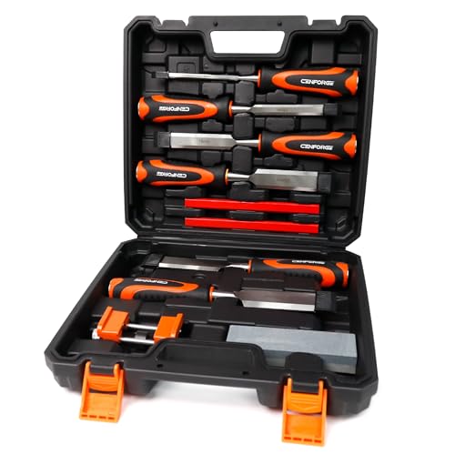 10-Piece Wood Chisel Set for Woodworking - Professional Cr-V Steel Bevel Edge Chisels (1/4" to 1-1/2") with Honing Guide, Sharpening Stone & Case - Heavy Duty Carving Tools for Carpenters