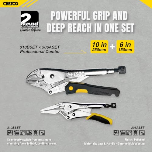 CHESCO 10-Inch Curved Jaw & 6-Inch Long Nose,2nd Gen Easy Release Patented Force-Saving Locking Pliers, Premium Cr-Mo Steel Vise-Grips for Welding, Automotive, HVAC & Plumbing, Locking Pliers - size: 10 Inch & 6 Inch