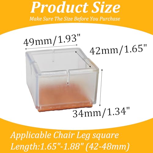 12PCS PVC Square Chair Leg Protectors with Felt Bottom, Non-Slip Furniture Pads for Hardwood Floors, Quiet Table Feet Caps Covers, Fits 1.65"-1.88" (42-48mm) - Transparent - size: 42-48mm/Clear