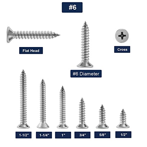 #6 x 1/2" Wood Screw 100Pcs 18-8 (304) Stainless Steel Screws Flat Head Phillips Fast Self Tapping Drywall Screws by SG TZH - size: #6 x 1/2"