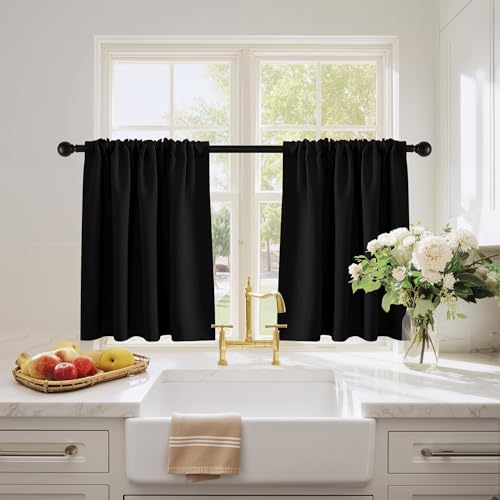 PONY DANCE Black Kitchen Curtains Over Sink 24 inch Long for Small Windows - color: Black, size: 29"W x 24"L (Pack of 2)