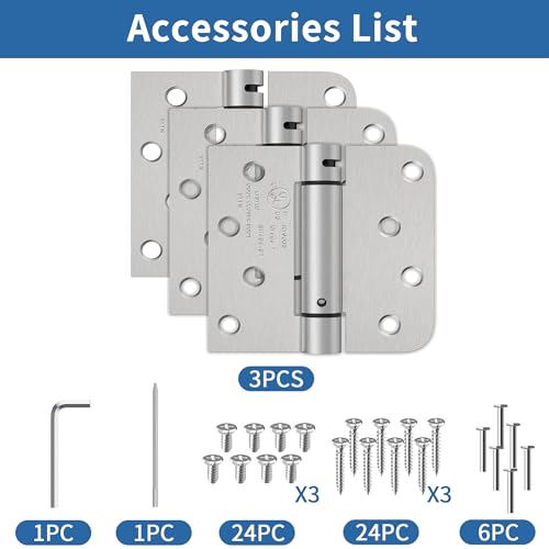 4 Inch Self Closing Door Hinges, Brushed Nickel Spring Loaded Hinges 3 Pack - color: Brushed Nickel, Square & 5/8" Radius, size: 4" 3 Pack