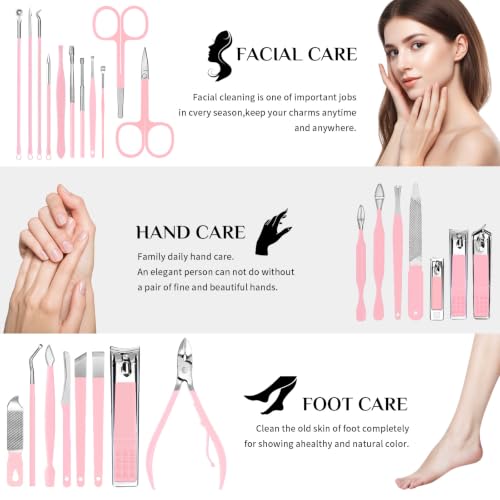 MINKINH 26-Piece Manicure Set for Women, Pink At-Home Nail Care Kit | Carbon Steel Nail Clippers, 410 Stainless Steel Tools, PU Organizer Case for Pedicure, Cuticle, Facial and Daily Self-Care - color: Pink