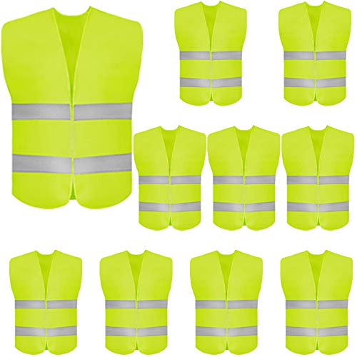 DUSKCOVE 10 Pack High Visibility Safety Vest for Traffic Work, Running, Surveyor and Security Guard - Construction Vest with 2 Reflective Strips, Made from Breathable and Neon Yellow Mesh Fabric - color: Neon Yellow