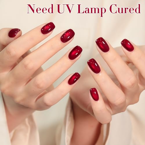 Double Rhythm Jelly Glass Cat Eye Gel Polish with Magnet 15ML Holographic Glitter Shimmer Translucent Sheer Color Magnetic Nail Polish Salon DIY at Home (Red-MC1116) - color: Glass Red