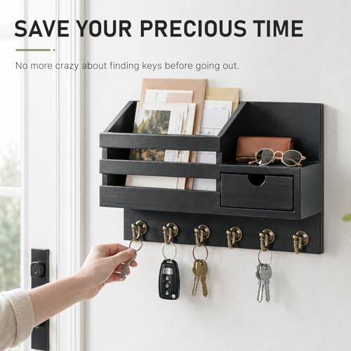 FifthQuarter Key Holder Wall Mount with Drawer and 6 Sturdy Hooks, A-Black - color: A-Black