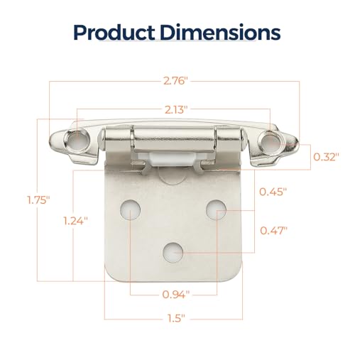 Brushed Nickel Cabinet Hinges, 1/2 Inch Overlay, 10 Pack(5 Pairs) | Self-Closing Design, Semi-Concealed Face Frame Fit, Surface Mount, For Kitchen Doors, Cabinets, Hardware Updates - color: Brushed Nickel