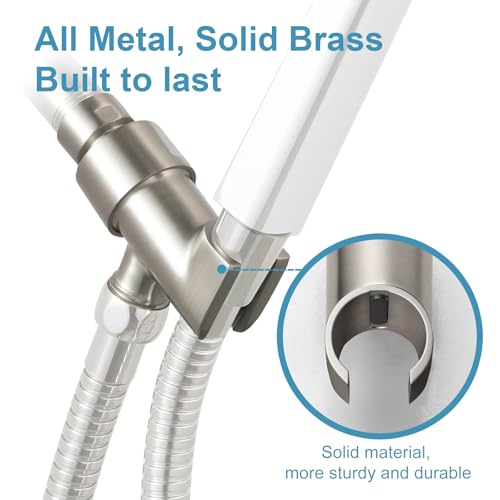 OFFO Shower Head Holder All Metal for Handheld Shower Head, Brushed Nickel Adjustable Shower Arm Mount with Solid Brass Pivot Ball, 1/2 in IPS Female Inlet and Male Outlet - color: Brushed Nickel