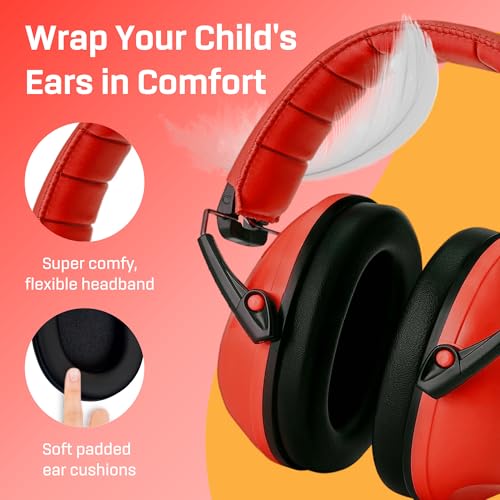 Kids Noise Canceling Headphones - 33 dB (2K Hz) - Ear Protection Earmuffs | Vanderfields' earmuffs protect child's hearing with certified noise-cancellation, soft ear cushions, and adjustable headband - color: Red