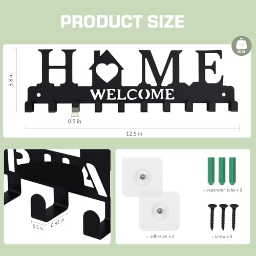 Key Holder Wall Mount, Adhesive Key Hanger with 12 Hooks, Black | Metal Material, 2 Mount Options, Compact Design, Cute Wall Decoration, Suit for Entryway, Doorway, Hallway, RV, Garage