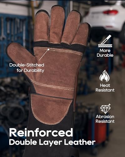 TOPDC Welding Gloves 16Inch 1000℉ Heat Resistant Leather for MIG Stick, XL - color: 16 Inch Black-brown (X-large)