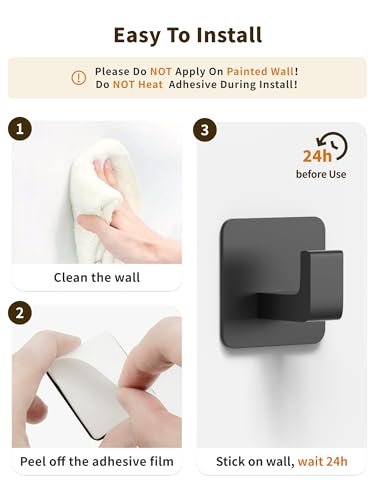 GWAAZXGZ Square Self Adhesive Towel Hooks - 6 Pack Matte Black Metal Hooks - color: Black, size: 6 Pack