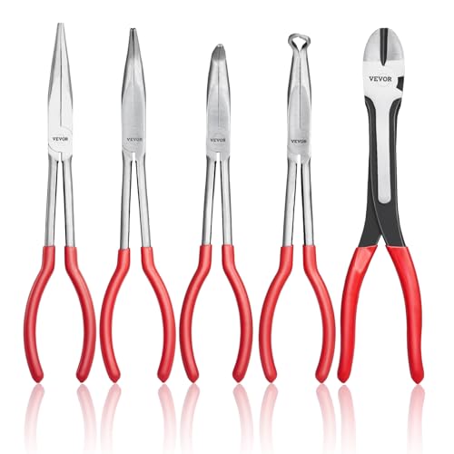VEVOR 5-Piece Needle Nose Pliers, 11 in Long Needle Nose Pliers Set, Diagonal Cutting Pliers, 45°/ 90° Bent Nose Plier, Round Nose Plier, Long Nose Plier, Professional Pliers Set with Storage Bag - size: 11inch, style: 5pcs