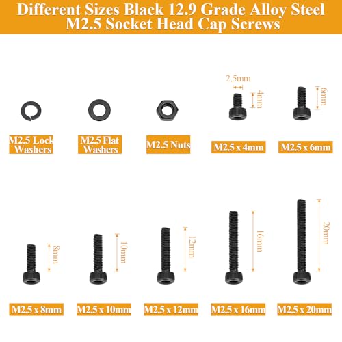 705 Pieces M2.5 Screws Nuts Washers Set Black, Sutemribor M2.5 x 4/6/8/10/12/16/20mm Hex Socket Head Cap Screws Nuts Washers Assortment Kit, 12.9 Grade Alloy Steel, Fully Threaded - size: M2.5 x 4/6/8/10/12/16/20mm Kit, style: Socket Head