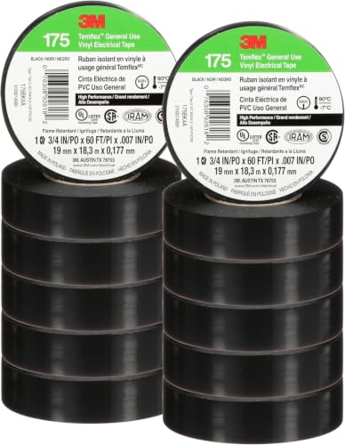 3M Temflex Vinyl Electrical Tape 175,Flame Retardant,Pressure-Sensitive Adhesive,Electrical and Mechanical Protection,Black,7 mil,3/4 in x 60 ft,10 Rolls,(Pack of 10) - size: 3/4 in x 60 ft (Pack of 10)