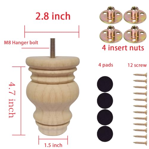 2 3 4 Inch Wooden Furniture Legs, Solid Wood Unpainted Replacement Furniture Legs, Ottoman/Loveseat Replacement Legs, Cabinet Legs/Desk/Sofa/Bookcase Round Bun Feet Set of 4 (4.7 Inch B) - size: 4.7 Inch B