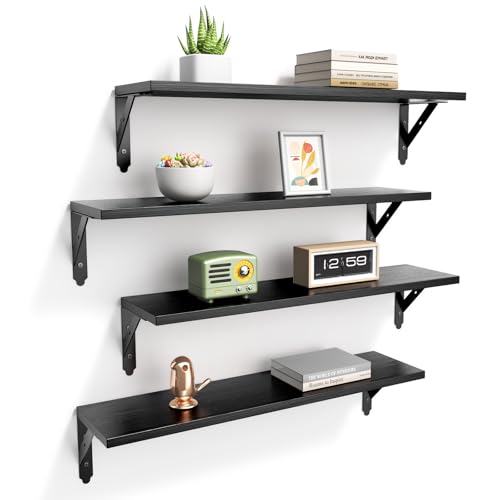 ROMGUAR CRAFT Wood Wall Floating Shelves Set of 4, 23.6" x 6" - Black - color: Black, size: 23.6" x 6"