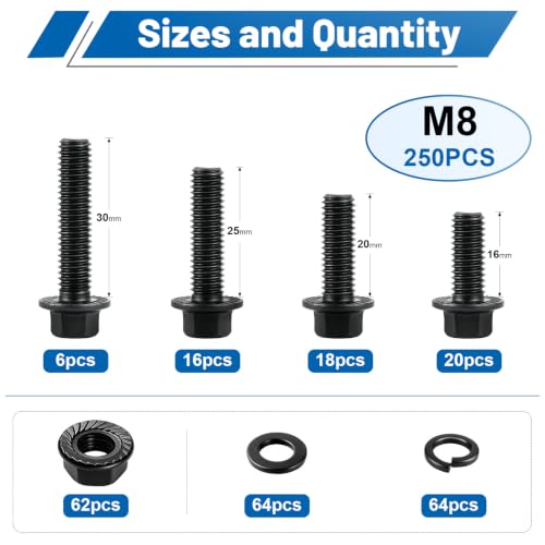 250PCS M8 Flange Bolts and Nuts Assortment Kit, Grade 10.9 Alloy Steel - size: G10.9 M8 250PCS