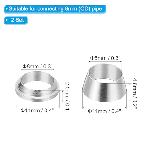 PATIKIL 8mm Tube OD 316 Stainless Steel Compression Tube Fitting Sleeve, 2 Pack Double Ferrule Ring Tubing Fitting Assortment Kit, Silver - size: 8mm