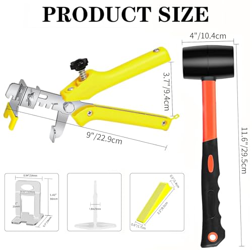 Tile Leveling System with Tile Pliers and Hammer, 600 Piece Tile Spacers 1/8 Inch Tile Clips and 200 Piece Reusable Wedges Tile Leveling Tools for Tiles and Stone Installation