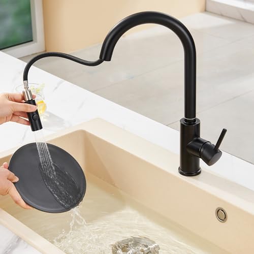 TIORIY Metal Kitchen Faucet Spray Head Replacement, Stainless Steel Pull Down Kitchen Faucet Head with 15 Adapters, 2 Functions Kitchen Faucets Nozzle, Black - color: Matte Black