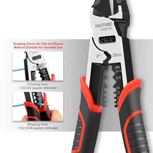 HAUTMEC 8" Diagonal Cutting Pliers, 4 in 1 Multifunction Side Cutters Pliers with Pro-High Leverage, CRV Steel Heavy Duty Wire Diagonal Cutters for Electricians, Mechanics & DIY, HT0272-PL - color: 8" Diagonal Pliers