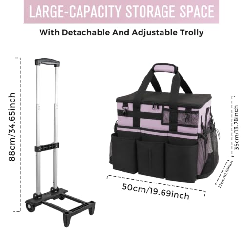 SCAVATA Rolling Cleaning Caddy Bag with Detachable Trolley, Large Cleaning Supplies Organizer with Wheels, Multi-Pocket Cleaning Cart with Adjustable Shoulder Strap for Housekeepers (Lilac) - color: Lilac