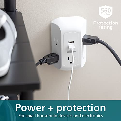 Philips 5-Outlet Extender, Grounded Wall Tap, 3-Prong, 2 USB-A - size: 1 Pack, style: 5 Outlet | 2 USB-A | Surge