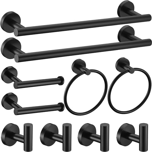 10Pieces Matte Black Bathroom Hardware Accessories Set Hand Towel Ring 16 inch Towel Bar Toilet Paper Holder Towel Hooks 4 Pieces Round SUS 304 Stainless Steel Heavy Duty Wall Mounted Bathroom Holder - color: Matte Black, size: 10 piece 16"