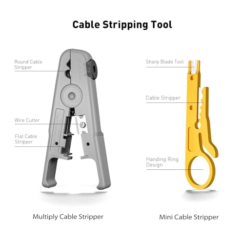 Ethernet Crimping Tool Kit RJ45 Crimp Tools,CAT5 Cat5e Cat6 RJ45 Crimping Tool Kit With Cable Tester, Multiply Stripper, Blades,50Pcs Cat 6 Pass Through Connectors and Strain Relief Boots