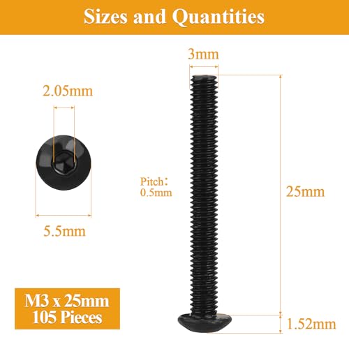 105 Pieces M3 x 25mm Button Head Socket Cap Screws, Thread Pitch 0.5mm, Sutemribor M3 Black Screws, 10.9 Grade Alloy Steel, Black Oxide Finish, Fully Threaded - size: M3 x 25mm, style: Button Head