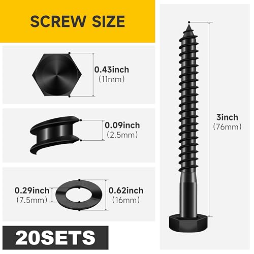 MYWISH (20Sets) 1/4" x 3" Hex Head Lag Bolts, Heavy Duty Lag Screws with Washers, 304 Stainless Steel Bolts 18-8, Lag Screws Wood Screws, Partial Thread Black Oxide, 1/4 Bolt - size: 1/4 x 3" (20 set)
