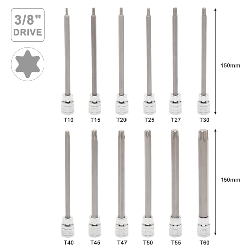 Mayouko 32PCS 3/8" Dr. Extra Long Hex and Torx Bit Socket Set, T10-T60, 1/8"-7/16", 3-12mm, S2&CR-V Steel, 150mm/5.9" Length, SAE&Metric, Long Allen Bit Socket Set - style: Torx&Hex
