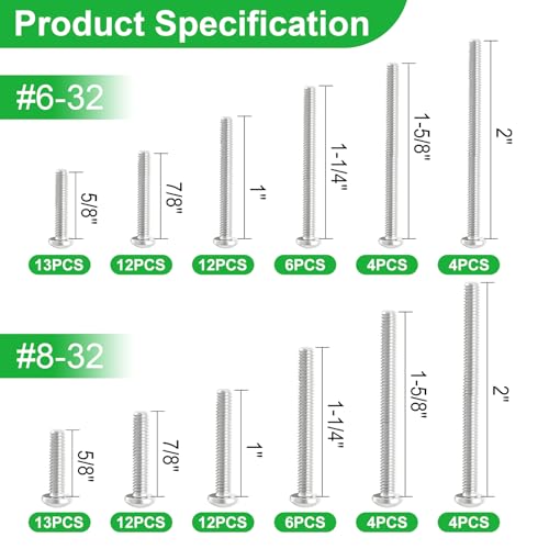 Twidec/102PCS Machine Screw Kit,#6-32#8-32 Phillips Pan Head Extra Long - size: #6-32 #8-32 Assorted Sizes, style: SS Pan Head