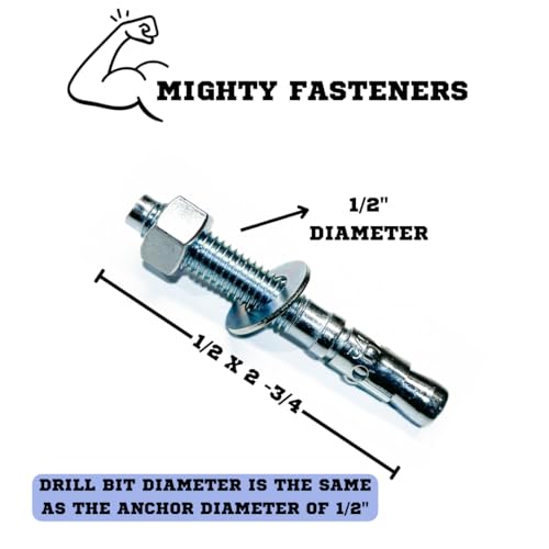 MIGHTY FASTENERS Zinc-Plated Steel Wedge Anchors, 1/2" X 2-3/4" - Heavy-Duty Mounting Bolts for Concrete - 50 Pack - size: 1/2" X 2-3/4"