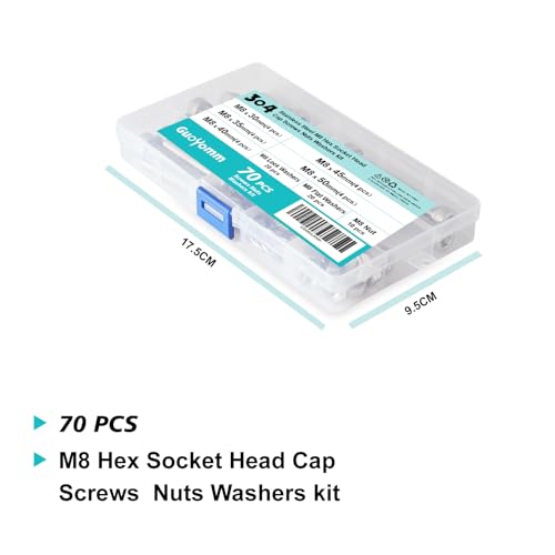 M8 x 30mm 35mm 40mm 45mm 50mm, Hex Socket Head Cap Screws Bolts Washers Nuts Assortment Kit, Stainless Steel 304, Metric Allen Drive, 70 PCS - size: Socket M8x30/35/40/45/50 mm