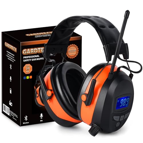 Safety Earmuffs with Bluetooth FM Radio for Mowing, NRR 29dB Industrial Ear Hearing Protection Ear Muffs, Noise Cancelling Wireless Headphone -Upgraded LCD Display, Rechargeable BL-5B Battery - color: Orange Antennas