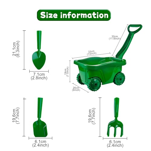 Kids Gardening Tools with Outdoor Yard Wheelbarrow Set Toys, Ages 3+ | Shovel Rake and Trowel, Summer Outdoor Weeds Yard Digging Play, Easter Birthday Gift for Boys Girls Age 3+Years Old - color: Green-4pcs