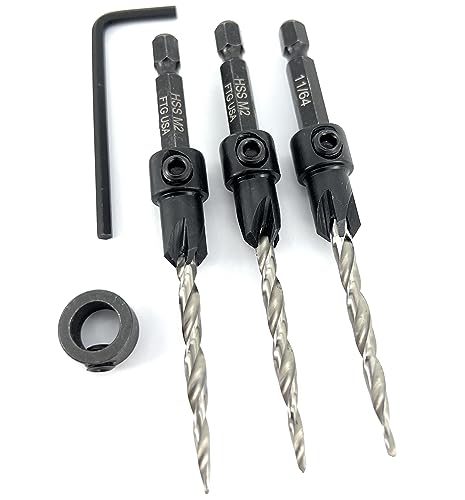 FTG USA #8(11/64") Wood Countersink Drill Bit 3-Pc Set with 3/8" Depth Stop - size: #8, style: 3 Pc with Depth Stop