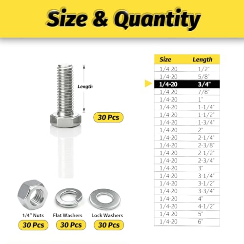 30 Sets 1/4-20x3/4 Bolt and Nut Set, Flat & Lock Washers Included,120PCS | 304 Stainless Steel 1/4-20 Bolt, Precision Fasteners Mechanical Assembly Equipment Repair & DIY - size: 1/4x3/4"-30sets