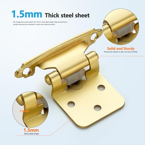 Gold Cabinet Hinges Self Closing, 1/2 Inch, 20 Pack (10 Pairs) - color: Gold, size: 1/2 inch Overlay