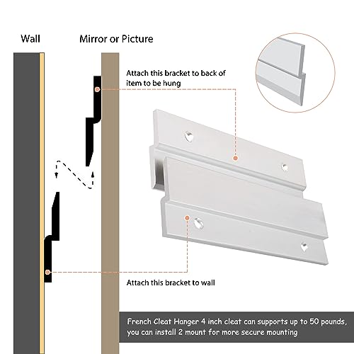 French Cleat Picture Hanger, 4 Inches Aluminum Z Hanger - 2 Pairs | Supports 50lbs, Interlocking Wall Mounting Bracket, For Mirrors, Picture, Shelf, Whiteboard, Art, Frames - size: 4 Inch-Standard