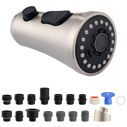 Hibbent Pull Down Kitchen Faucet Head Replacement with 15 Adapters - color: Brushed Nickel, style: Stay on sprayer without hold button