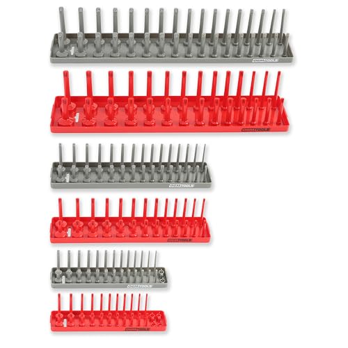 OEMTOOLS 22413 6-Pc SAE & Metric Socket Tray Set for Sizes 1/4", 3/8”, 1/2" - color: Red/Grey