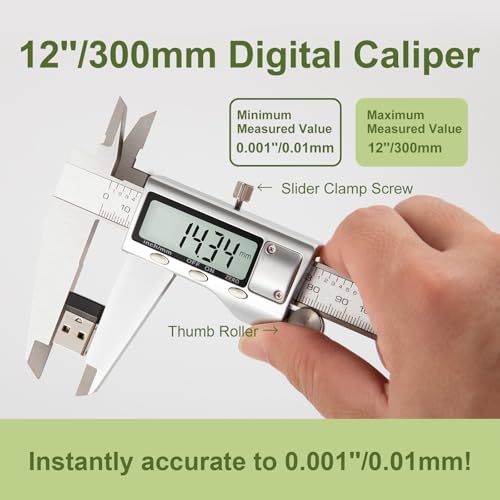 All-Metal Digital Caliper 0-12" Measuring Tool, Micrometer Caliper with Auto-Off Feature, Interchangeable Between inches and millimeters for DIY/Household and 3D Printing