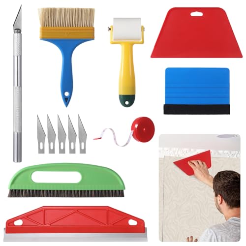 Wallpaper Smoothing Tool Kit, 13 Pcs Smoother Tools with Squeegee, Wallpaper Brush, Seam Roller, Measure Tape, Vinyl Cutter, Craft Cutter with 5 Replacement Blades for Contact Paper, Glass Film